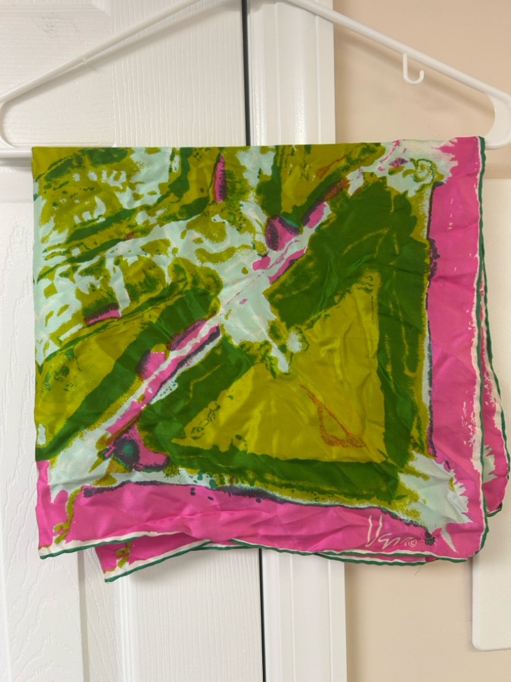 Vintage Vera Neumann Scarf Abstract Green Pink White Pattern Silk